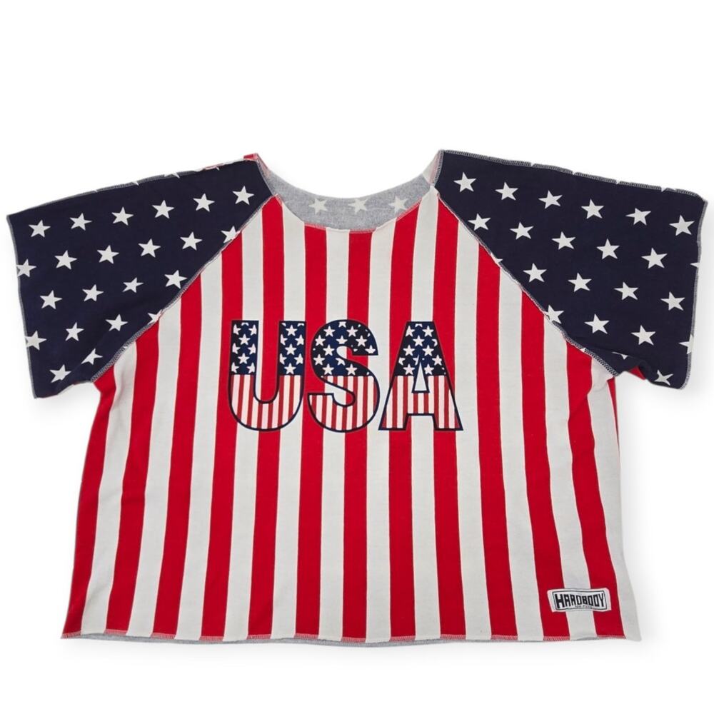 90s Hardbody Bodybuilding Patriotic USA Flag Cropped Shirt Men's Size L/ XL